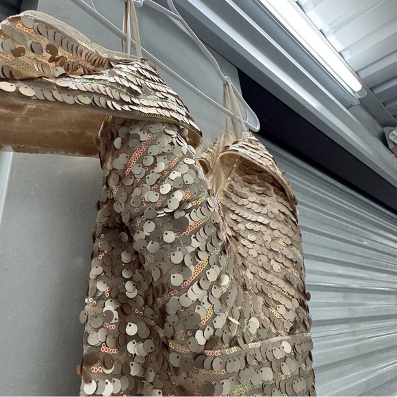 Cachet Champagne Sequin Evening Gown Size 6 | Off Shoulder Formal Dress - Picture 5 of 8